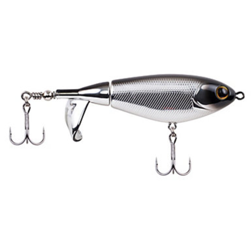 Fishing lure with a shiny metallic finish on a white background